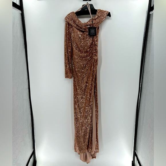 Mac Duggal Sequined Drop Shoulder Faux Wrap Gown - Copper - 4 - New with tags - Picture 2 of 11